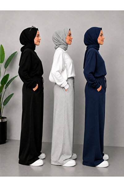 BERYY MODA 3 (Pieces) Winter Plain Black Gray Navy Blue Wide Leg Sweatpants