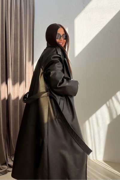 ELVAN TOLON Deri Uzun Trenchcoat ACI KAHVE