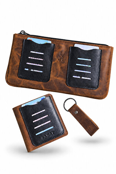 SANAT Leno Genuine Leather Multi-Purpose Zippered Handbag - Wallet - Keychain...