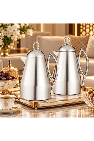 Dania Luxury 2Pcs Thermos Flask Set - Elegant Silver Stainless Steel - 1L Cap...