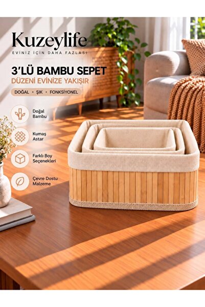 KuzeyLife Bambu Trio Kare 3lü Sepet Seti