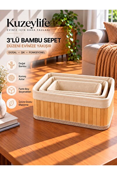 KuzeyLife Bambu Trio Dikdörtgen 3lü Sepet Seti