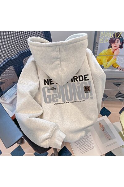 Beyaz Kapüşonlu Sweatshirt Oversize Baskılı Unisex Hoodie