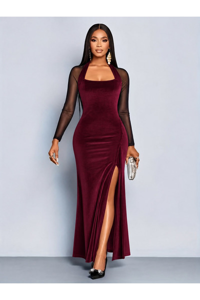 JANES Women's long sleeve geometric collar detailed tulle slit long velvet dress