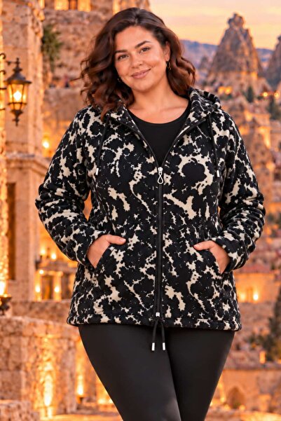tarzımsüper Leopard Large Size Hooded Zippered Fleece Sweatshirt - Warm and S...