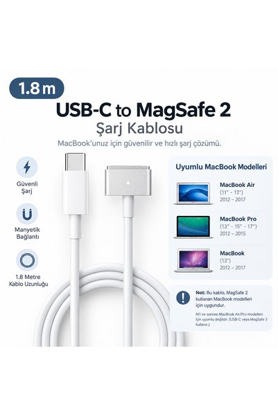 instatech MacBook Air 2012-2017 / MacBook Pro 2012-2015 / MacBook 2012-2017 USB-C MagSafe 2 Şarj Kablosu 1.8M