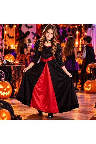 IRO Costum de Halloween Fată Vampir, 10 ani, 121-140 cm, Rochie lungă neagră și roșie cu colier inclus, Poliester, Costum de carnaval pentru copii, Deghizare de vampir pentru petreceri tematice și evenimente școlare