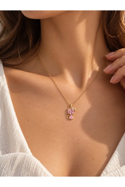 Evorya Kadın Çelik Pembe Zirkon Taşlı Hello Kitty Kolye
