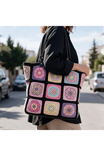 Crochet Bilgen Kadın Krem El Yapımı Tığ İşi Örgü Çanta Çiçek Motifli Büyük Bo...