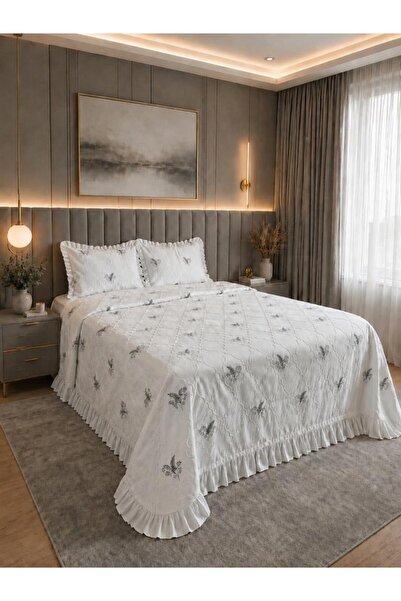 Çeyiz Diyarı Ruffle Artemis Embroidered Chenille 3 Piece Double Bedspread Cream