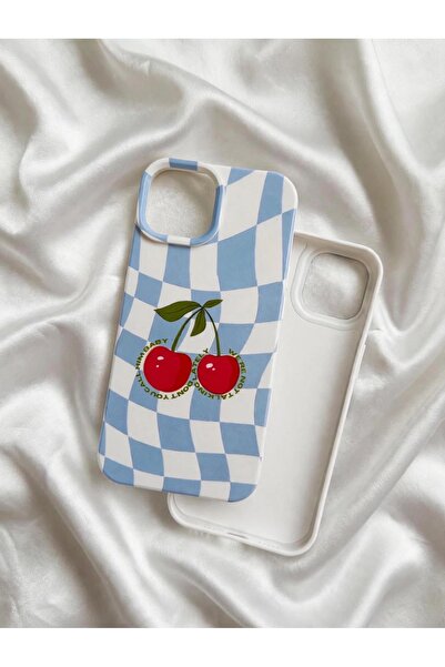 İka Aksesuar iPhone 15 Uyumlu Mavi Kareli Kiraz Desenli Lansman Telefon Kılıf...