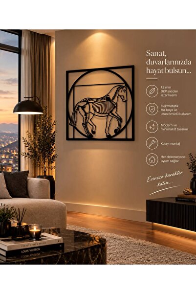 Da Vinci At Anatomisi Lazer Kesim Metal Duvar Tablosu (50x50 cm - Siyah)