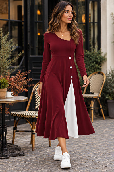 moda wanilia Women's Long Sleeve Asymmetrical Collar Button Detailed Flared M...