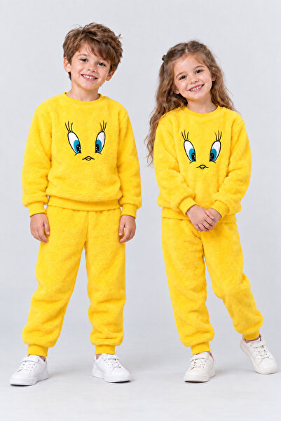 AHENGİM Yellow Girls and Boys Plush Tracksuit Set with Crew Neck Figure Ak4078