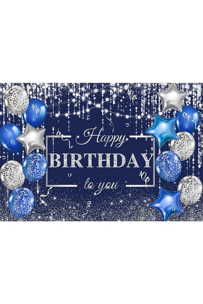 Generic Blue Happy Birthday Backdrop, 7x5ft, Silver Glitter Balloons Photogra...