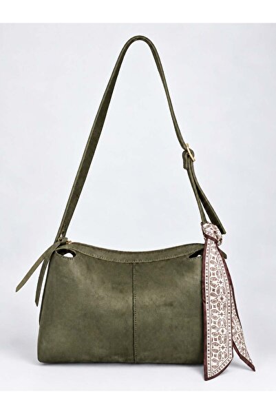Madamra Khaki Suede Women's Shoulder Bag with Scarf Detail, Adjustable Strap ...