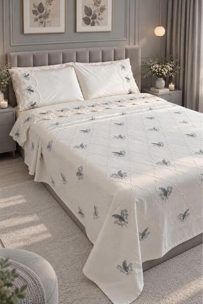 Çeyiz Diyarı Artemis Embroidered Chenille 7 Piece Bridal Set Gray