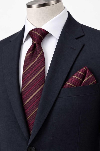 Kravatkolik Classic Tie with Burgundy Line Pattern and Handkerchief Kk14018