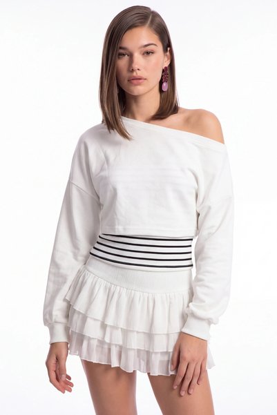 cemo Çizgili Atlet Detaylı Tek Omuz Görünümlü Crop Sweatshirt