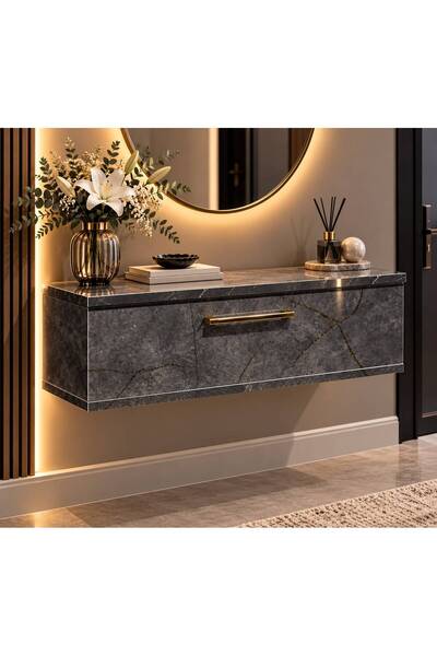 SEVEREVİM Modern Mermer Desenli Duvar Dresuarı Özel Lüx MDF 70x20x27 cm Kapaklı Antre Hol Konsolu