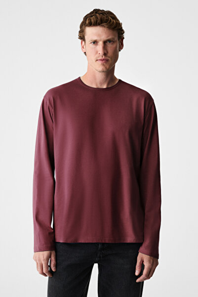GRIMELANGE Gravs men's 100% cotton soft fabric round neck long sleeve burgund...
