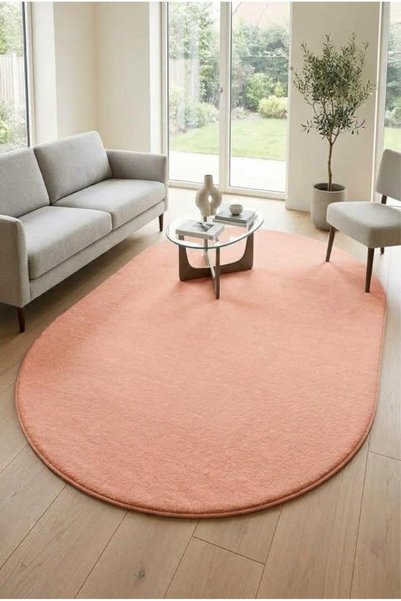 BESELY Oval Pembe Kaymaz Tabanlı Peluş Halı Leke Tutmaz Makinede Yıkanabilir ...