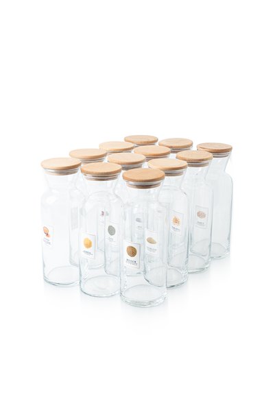 Homekolik Lina 12-Piece Labeled Glass Storage Container Set 1250 ml Vacuum Wooden Lid Airtight Dry Food Container Set