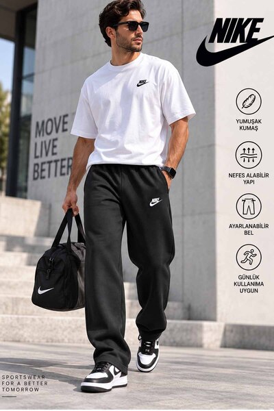 Nike Erkek Siyah Fleece Eşofman Altı Standart Kalıp Günlük Spor Pantolon