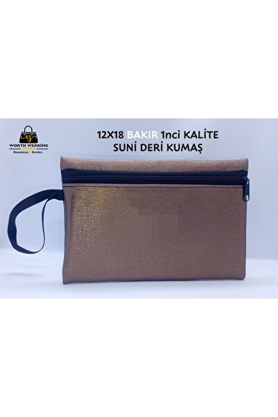 BAKIR RENKLİ SUNİ DERİ CÜZDAN 12X18CM. MAKYAJ EL ÇANTASI
