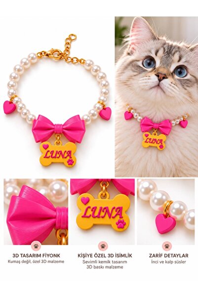 Store Pembe 3D Papyonlu Kedi Tasması Köpek Tasması, İsimli Köpek Kolyesi, İnc...