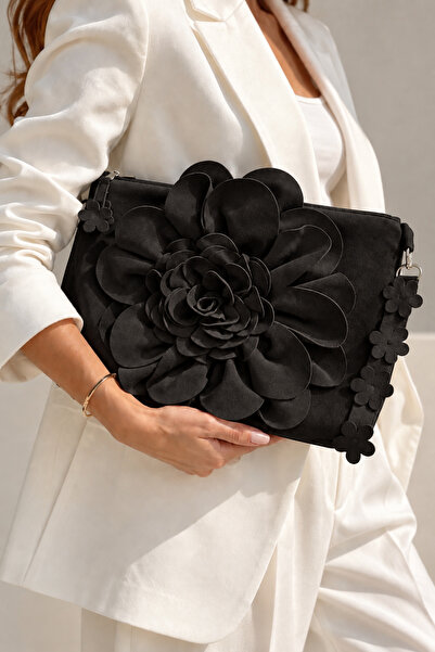 Niva Kadın Süet Portföy Çanta Büyük 3D Çiçek Detaylı Fermuarlı Bilek Askılı Clutch