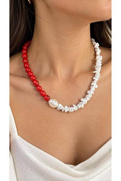 HUBANN Women's Design Necklace with Coral Stone and Howlite Stone with Pearls
