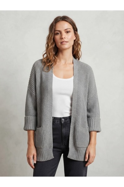 DM DİLAN MODA Women's Gray Double-Pocket Knitwear Cardigan
