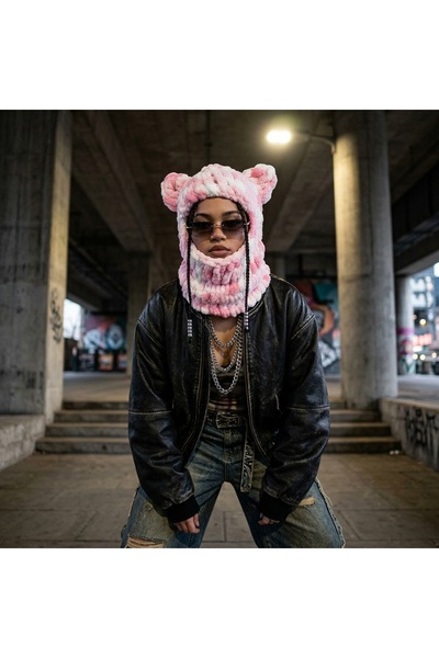 GUAPA Örgü Kar Maskesi Pembe Beyaz Pofuduk Kulaklı Balaklava Wegh Maske Kışlı...
