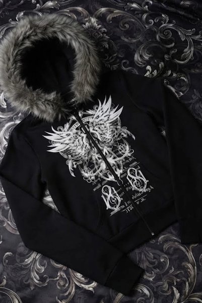 ARS Butik Black Furry Wings Motif Gothic Y2K Crop Zipper Sweatshirt