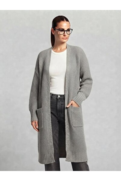 DM DİLAN MODA Women's Gray Color Double Pocket Long Knitwear Cardigan