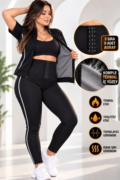 ICOLEXİN Sauna Yüksek Bel Agraf Kopçalı Spor Tayt Ve Yarım Kollu Fermuarlı Bo...