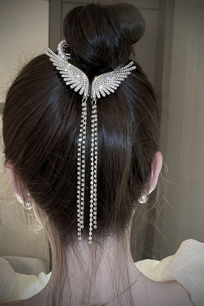 misotrend Silver Color Angel Wing Figured Pearl and Stone Detailed Bun Buckle