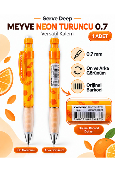 Serve Deep Meyve Neon 0.7 mm Versatil Kalem – Mekanik Kurşun Kalem, Canlı Neo...