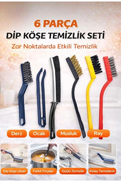 6 Parça Dip Köşe Temizlik Fırça Seti - Derz Fırçası, Gider Cımbızı, Çok Amaçlı - İnce Fırça