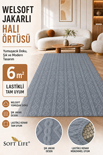 Welsoft Jakarlı Halı Örtüsü 6 m² Lastikli - Örgü Desen, Tam Uyum, Yumuşak Dokulu