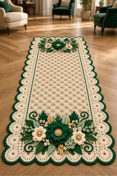 LovisaHome Krem Yeşil Çiçekli Dantel Runner Yıkanabilir Dijital Baskı Halı