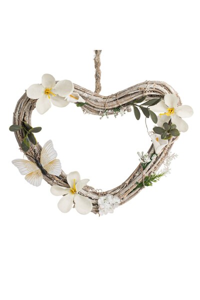 DD SHOP Inima Decorativa Suspendabila din Lemn Alb Washed cu Flori & Fluturi ...