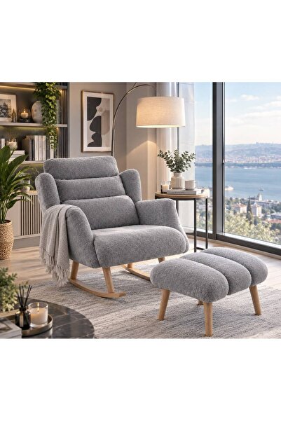 KOKİ DESİGN ICON Sallanan Ahşap Ayaklı Bel ve Boyun Destekli Wellsoft Gri ÖZE...