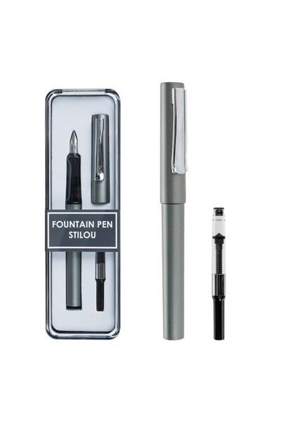 DD SHOP Set Stilou Gri Inchis Mat & 1 Rezerva cu Cerneala