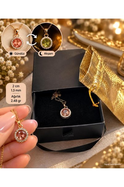 Hd Marketim Zultanite Necklace Color-Changing Sultanite Gold Color Steel Chain with Boxed Pouch