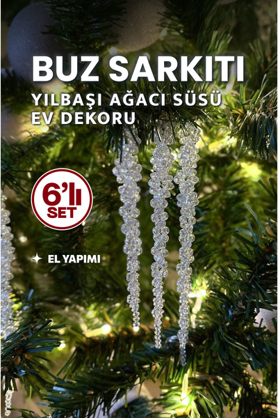 Buz Sarkıtı 6'lı Set Yılbaşı Çam Ağacı ve Ev Dekorasyonu Süsü / Janjanlı Akrilik Boncuklu