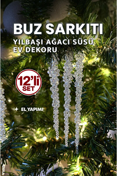 Buz Sarkıtı 12'li Set Yılbaşı Çam Ağacı ve Ev Dekorasyonu Süsü / Janjanlı Akrilik Boncuklu
