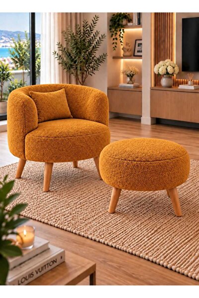 DEKOZUM MARBELLA Teddy Kumaş Berjer – Puf Hediyeli, Ahşap Ayaklı Dekoratif Te...