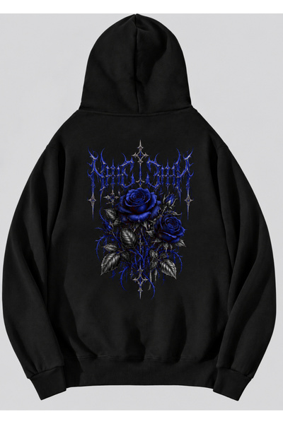 Indigo Rose Tasarım Baskılı Premium Hoodie Kapuşonlu Oversize Sweatshirt